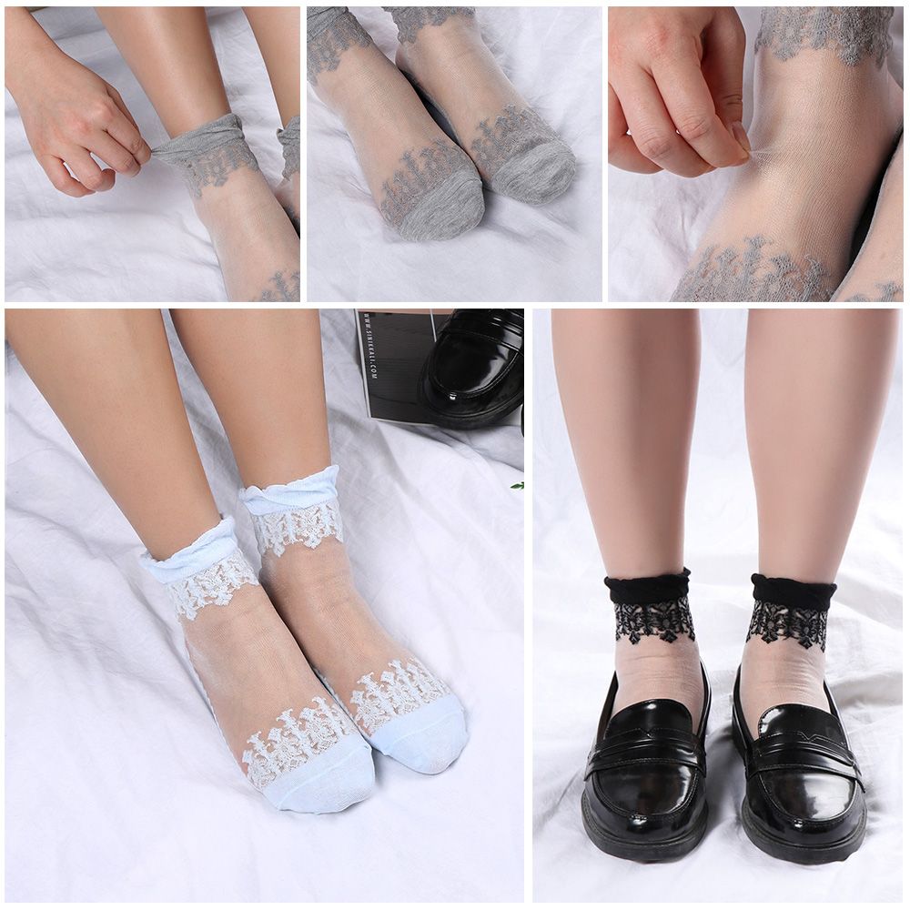 Vớ nữ phối ren cao đến mắt cá chân thoáng khí thời trang tùy chọn màu