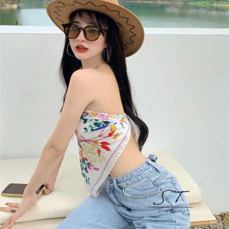 Áo dây nữ cộc tay hở lưng in hoa thời trang