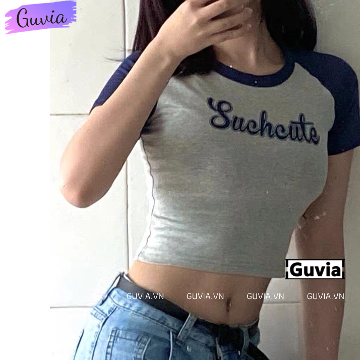 Áo Croptop Ôm Body Nữ SUCH CUTE Cổ Tròn Tay Ngắn, Áo Thun Croptop Kiểu In Họa Tiết GUVIA CR80