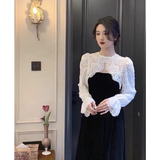 Váy Nhung Mền Chun Ngực Tiểu Thư Hàng QC ảnh thật cận chất Kaylee