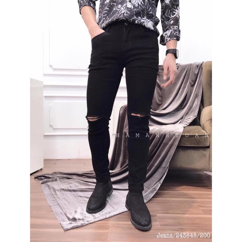 Quần jeans nam rách trắng đen gối slim fit vải dày co giãn bền đẹp thoải mái (SHOP BÁN TÌNH YÊU CHO NANG GỬI CHÀNG) ་