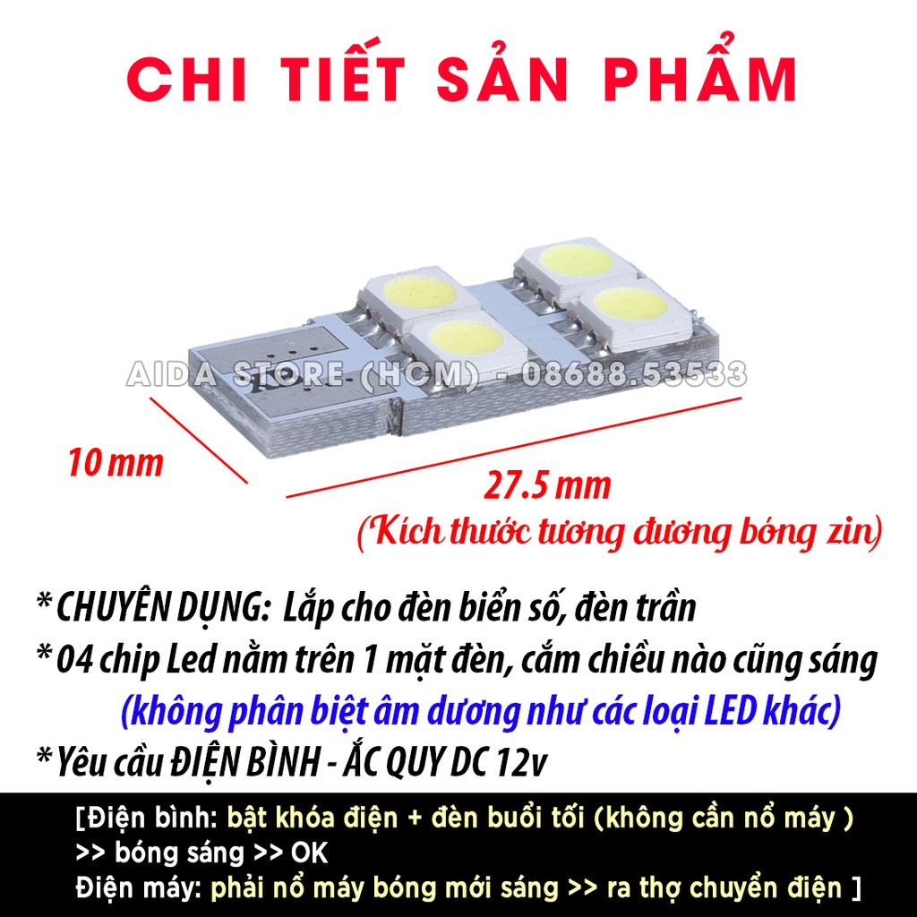 [Giá 01 bóng đèn] LED biển số, đèn trần T10 12v cho xe máy, ô tô