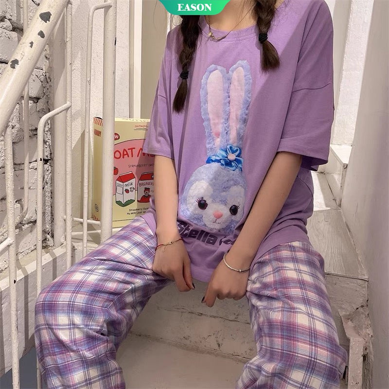 Bộ Đồ Ngủ Tay Ngắn In Hình Thỏ Stellalou Dễ Thương Thời Trang Mùa Hè