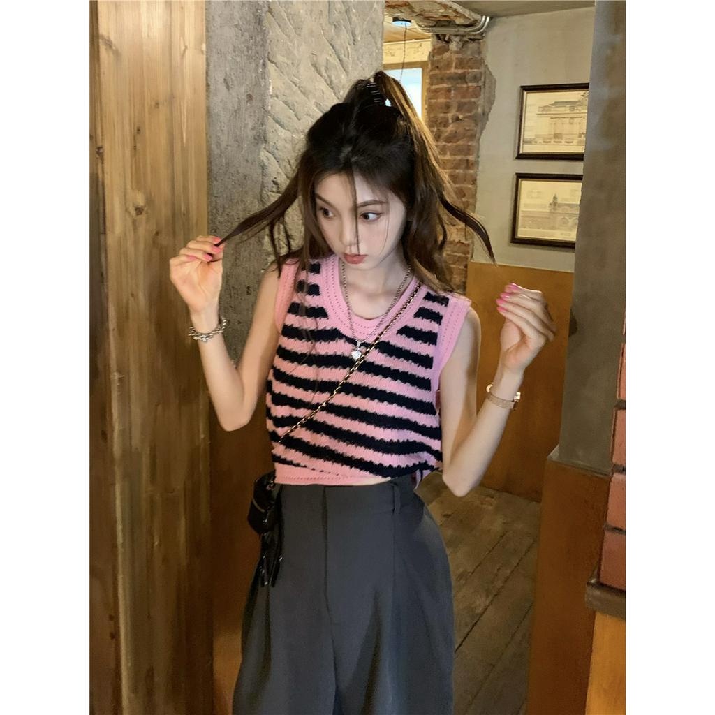 ZHELIHANGFEI Áo Hai Dây Dệt Kim Họa Tiết Kẻ Sọc Phong Cách Pháp Thời Trang Cho Nữ