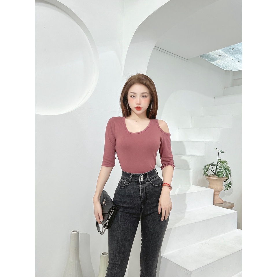Áo thun tay lỡ nữ CRAZYTEEN khoét vai sang trọng AT0339