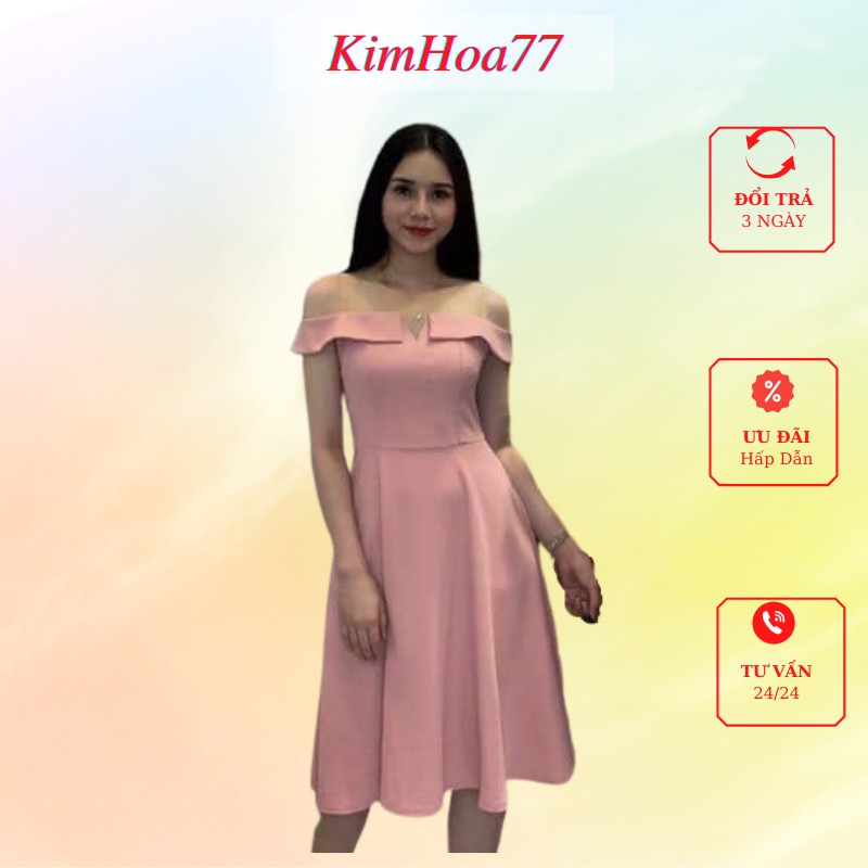 Váy xòe đầm nữ dự tiệc freesize chất kate lụa trễ vai phối lưới có túi kimhoa77