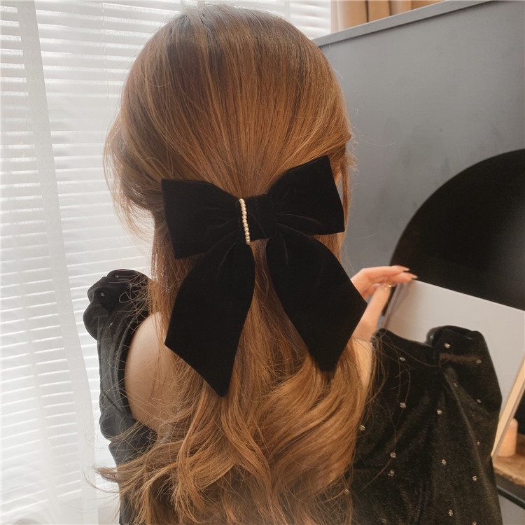 Kẹp Tóc Nơ Nhung Đen Đính Ngọc Trai Thời Trang