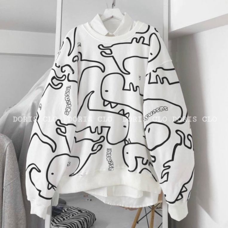 Áo sweater Unisex Áo nỉ dài tay họa tiết in hình khủng long dễ thương cá tính