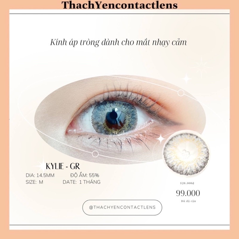 Kính Áp Tròng Kylie Gray Lens Xám Cận 0-10 Độ