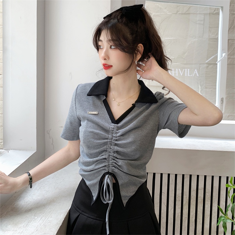 Porozi  Áo Thun Tay Ngắn Dáng Ôm Phối Dây Rút Phong Cách Hàn Quốc Thời Trang Cho Nữ
