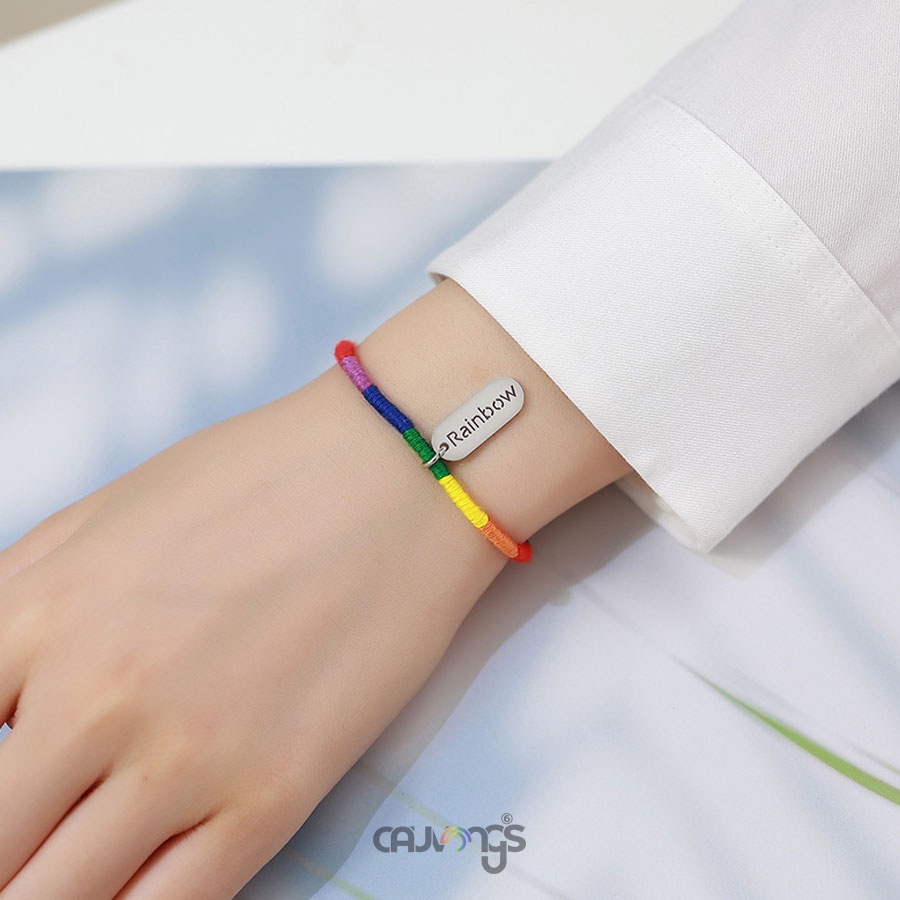 Vòng tay cầu vồng mặt thép titan không rỉ họa tiết chữ ranbow