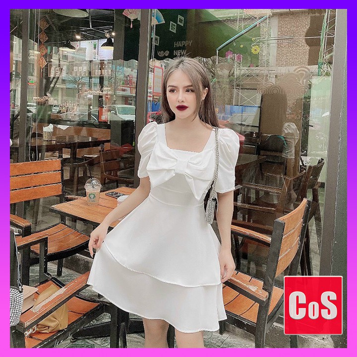 Đầm xèo, đầm nữ dáng xèo, 2 tầng phối nơ ngực, có lot ngực, chất xốp, hai màu chọn lọc trắng và be. Cos V1011