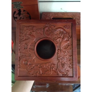 Hộp đựng giấy ăn vuông cỡ lớn bàng gỗ hương chạm rồng nổi siêu đẹp