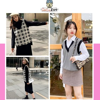 Set áo gile kẻ caro và sơ mi nữ trắng tay dài xinh xắn - CUTEZOO