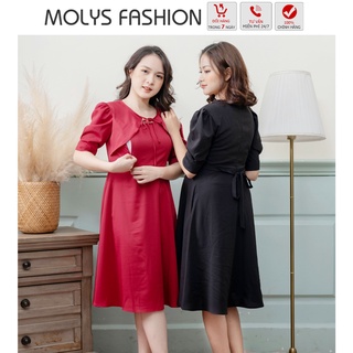 Đầm bầu công sở cho con bú, vắt sữa sau sinh MOLYS M2371 phối áo tay bồng dáng váy xòe sang chảnh đủ size đến 80kg