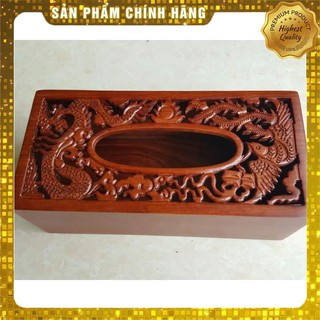 Hộp đựng khăn giấy gỗ hương đỏ cao cấp mặt ( lọng ) trạm rồng phượng