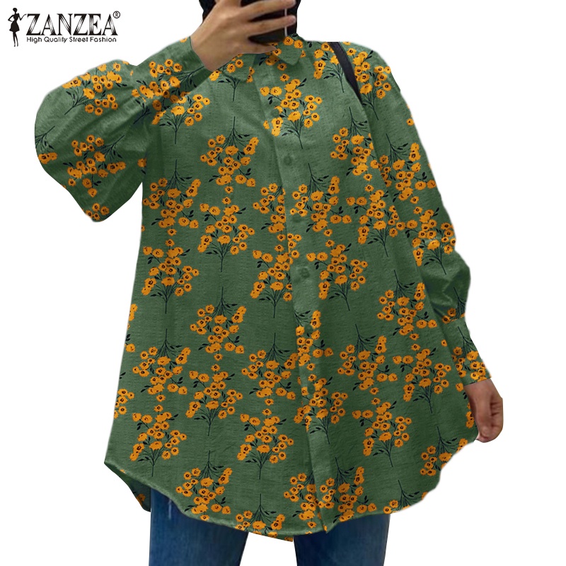 Áo sơ mi ZANZEA tay dài dáng rộng in họa tiết hoa lá thời trang Châu Âu cho nữ