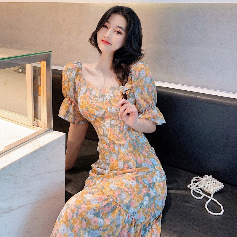 Đầm Tay Ngắn Hoạ Tiết Hoa Phong Cách Retro Quyến Rũ