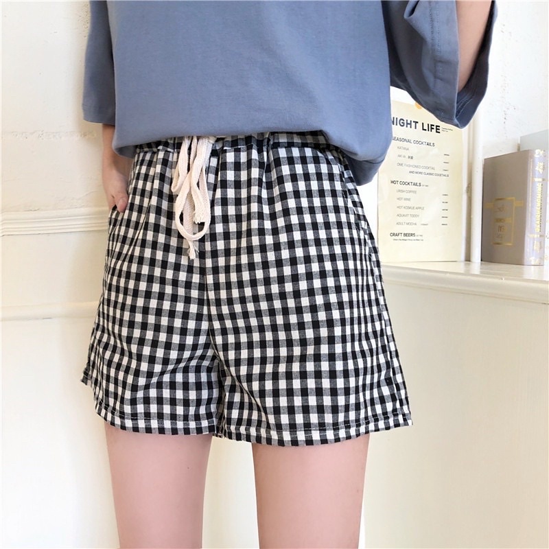 Quần short kẻ caro- quần sooc đùi ống rộng caro chất thô đũi phong cách ulzzang