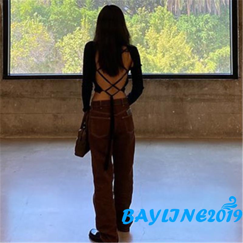 Áo kiểu tay dài cổ chữ V hở rốn thắt dây sau lưng quyến rũ thời trang dành cho nữ