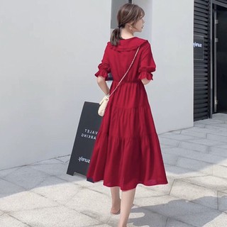 Đầm váy freesize đỏ cổ bèo 3 tầng