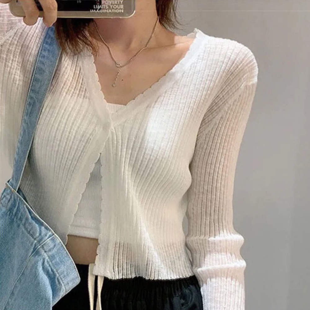 Áo khoác cardigan croptop len mỏng dài tay 1 cúc cổ tim mát nhẹ Hàn Quốc Sollle