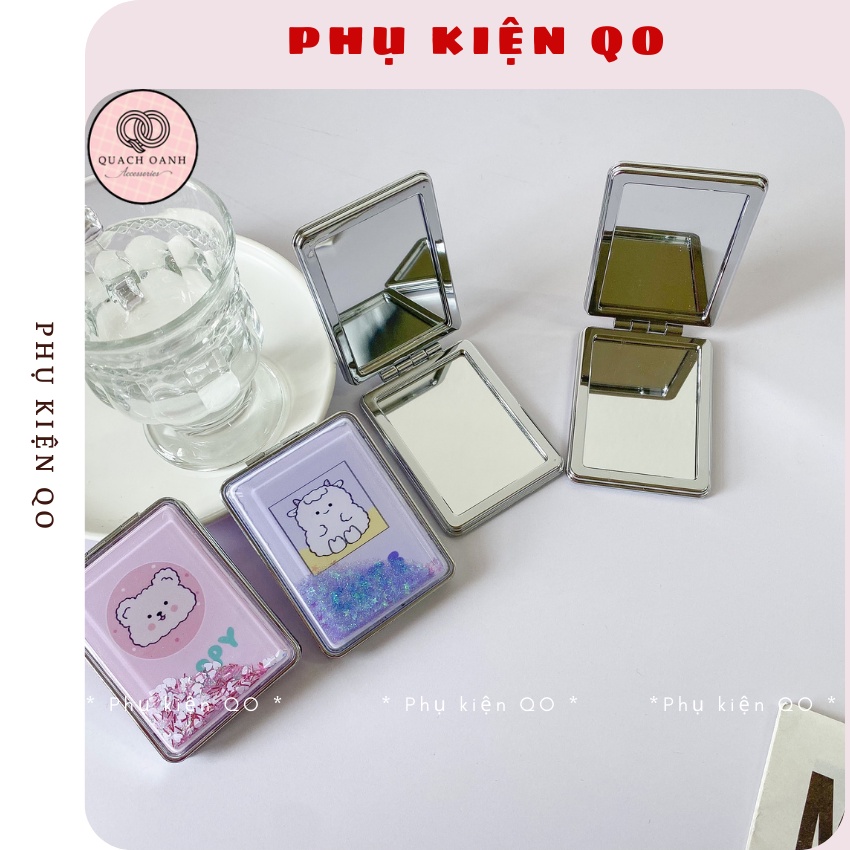 Gương mini cầm tay ,Gương trang điểm mini gấp gọn 2 mặt nhũ kim tuyến họa tiết hoạt hình đáng yêu -G01