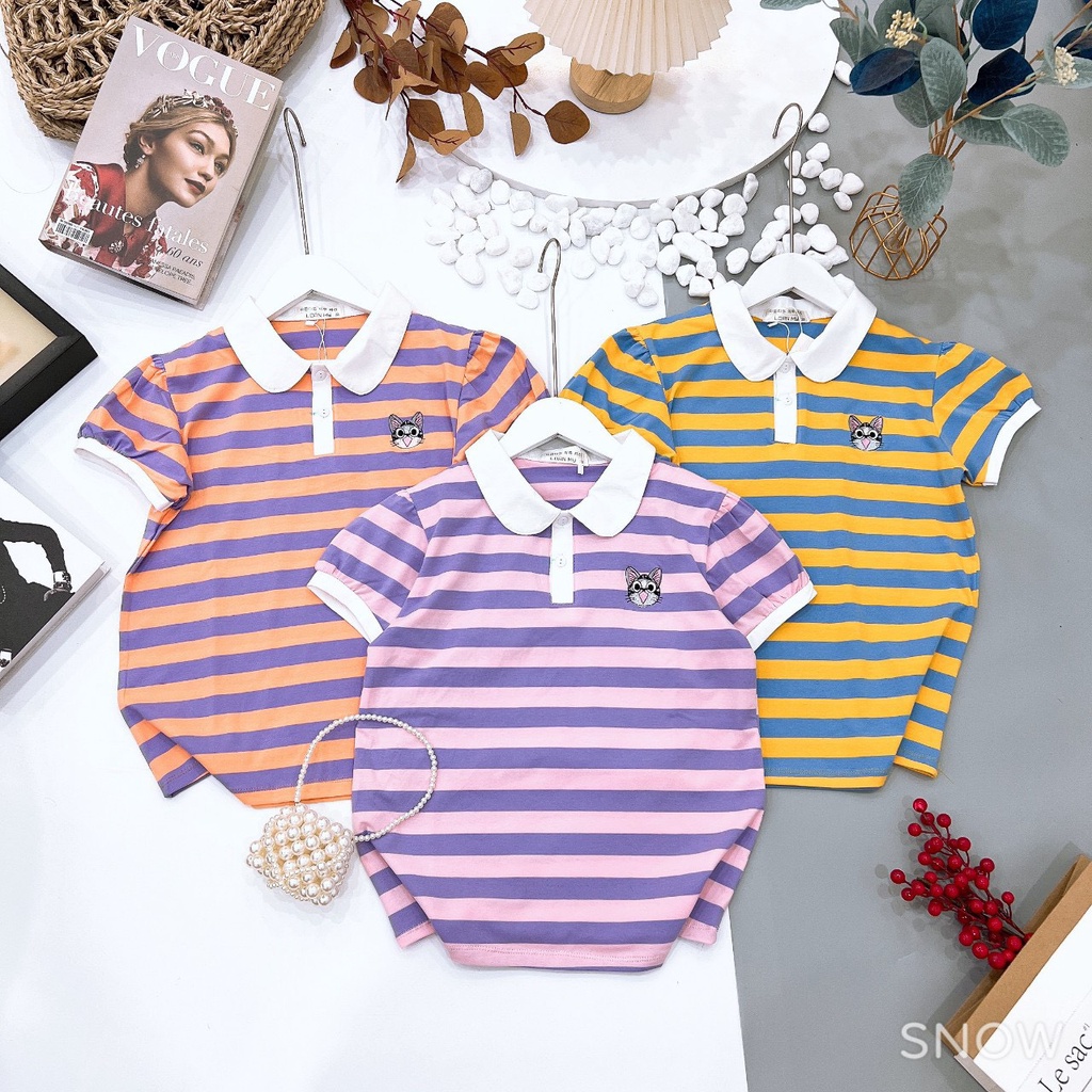 Áo Polo bé gái hoạ tiết kẻ sọc to phối màu nổi bật, áo thun có cổ size đại