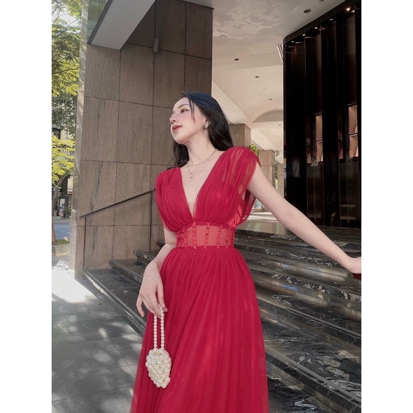 Maxi lưới lót phi hở xẻ ngực sexy quyến rũ gợi cảm quý phái - đầm váy xoè dài dự tiệc sự kiện cao cấp có hình thật