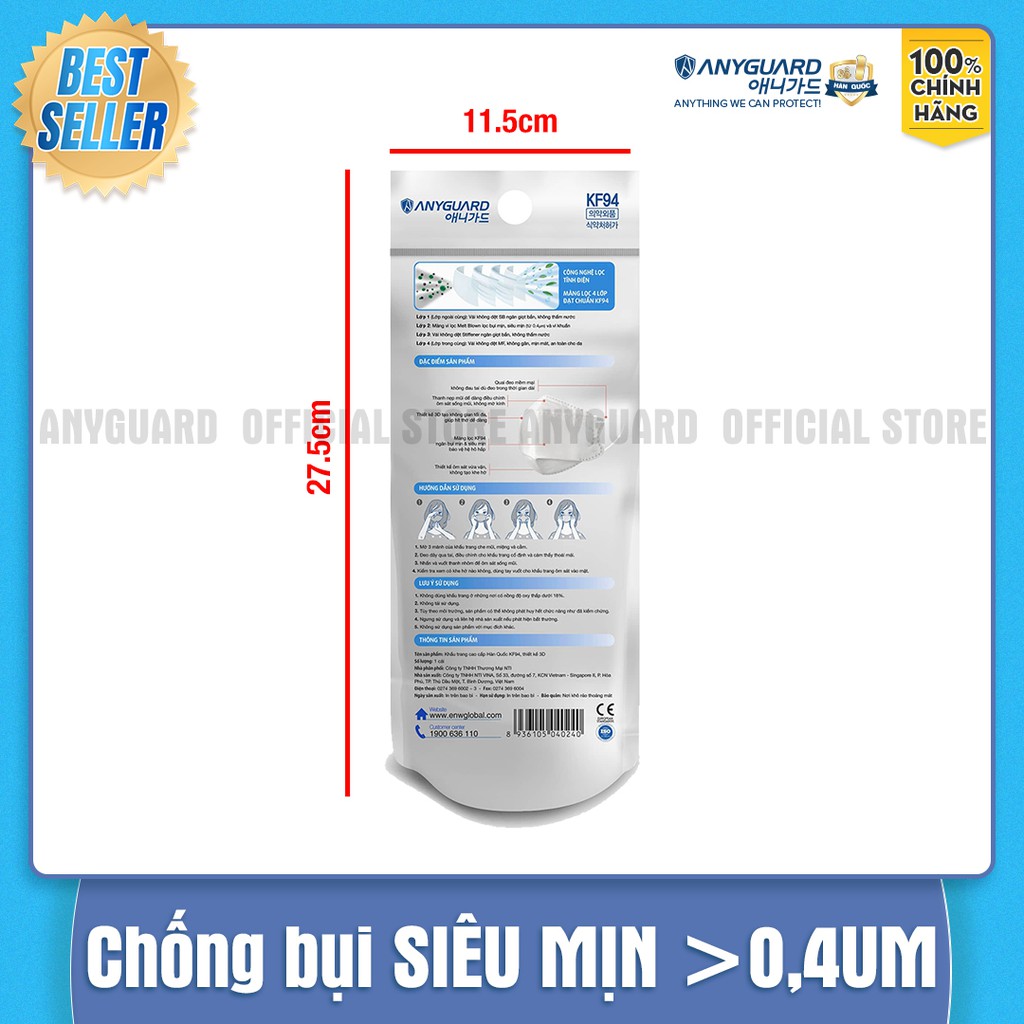 Combo 10 Chiếc Khẩu Trang  ANYGUARD KF94 Form 3D Cao Cấp Chính Hãng - 4 Lớp Chống Bụi Siêu Mịn 0.4um Dành Cho Người Lớn