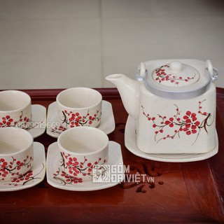 Bộ ấm chén Bát Tràng dáng vuông vẽ hoa đào đỏ