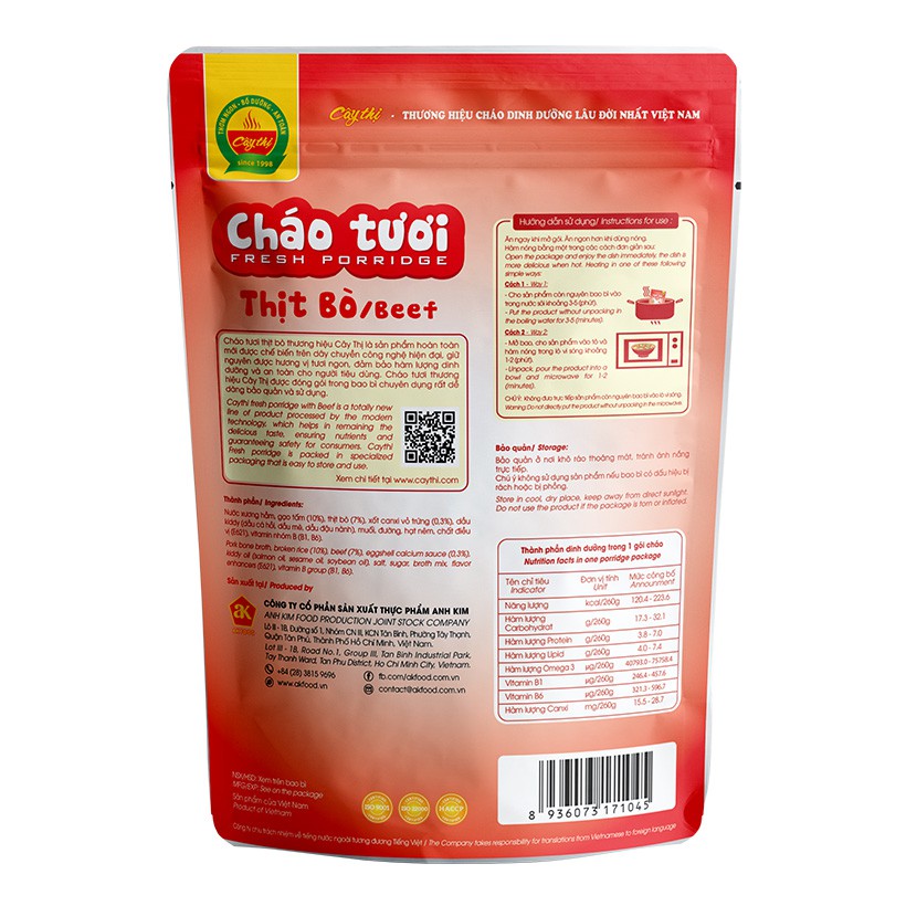 Cháo tươi Cây Thị Thịt bò cà rốt - Mở gói ăn ngay 260g