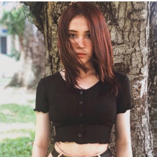 Áo thun gân croptop nút cài, cuốn biên siêu đẹp