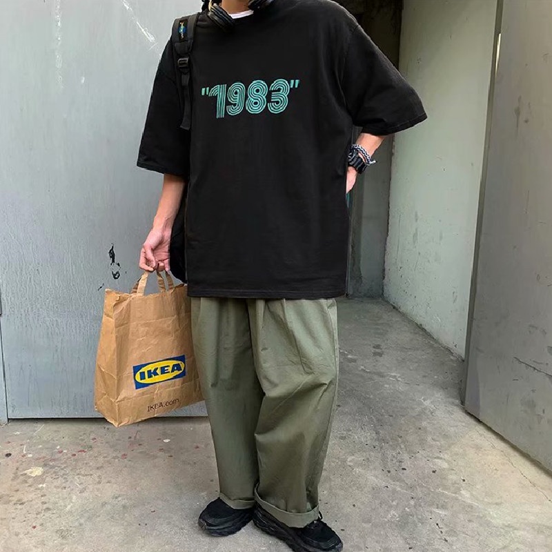 Áo thun cổ tròn dáng rộng in chữ phong cách Nhật Bản thời trang cho nam size M-5XL 1983