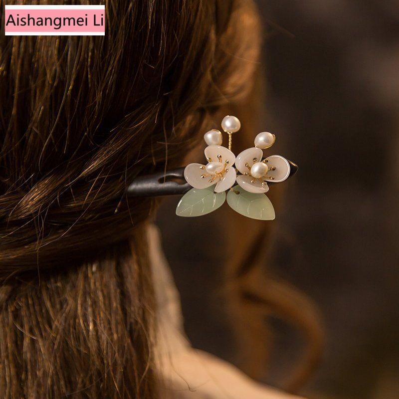 Trâm Cài Tóc Bằng Gỗ Phối Tua Rua Đính Ngọc Trai Phong Cách Trung Hoa Cổ Điển