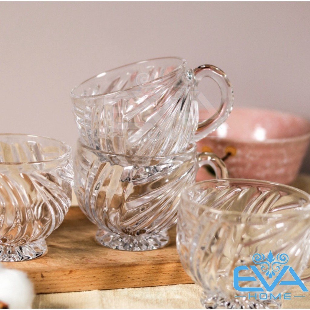Bộ Tách Trà Thuỷ Tinh Pha Lê Gồm 6 Ly Quai Cầm 6 Đĩa Và 6 Muỗng Cán Cong Cao Cấp Sang Trọng M3465