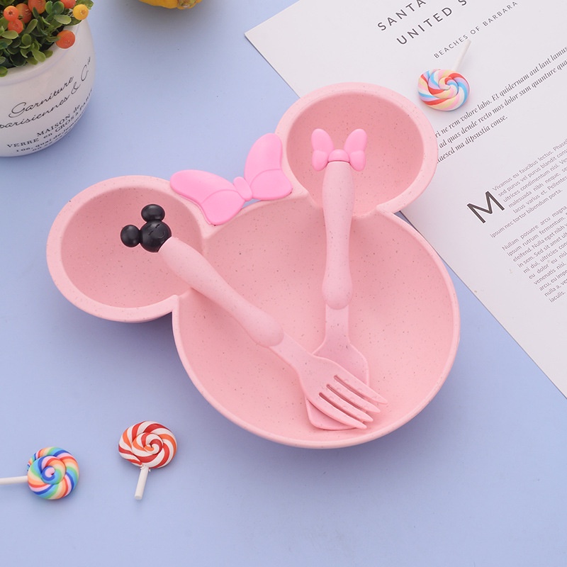 Bát Ăn Dặm Cho Bé Bát Ăn Cơm 3 Ngăn Hình Mickey Làm Từ Nhựa Lúa Mạch An Toàn Kèm Thìa Dĩa