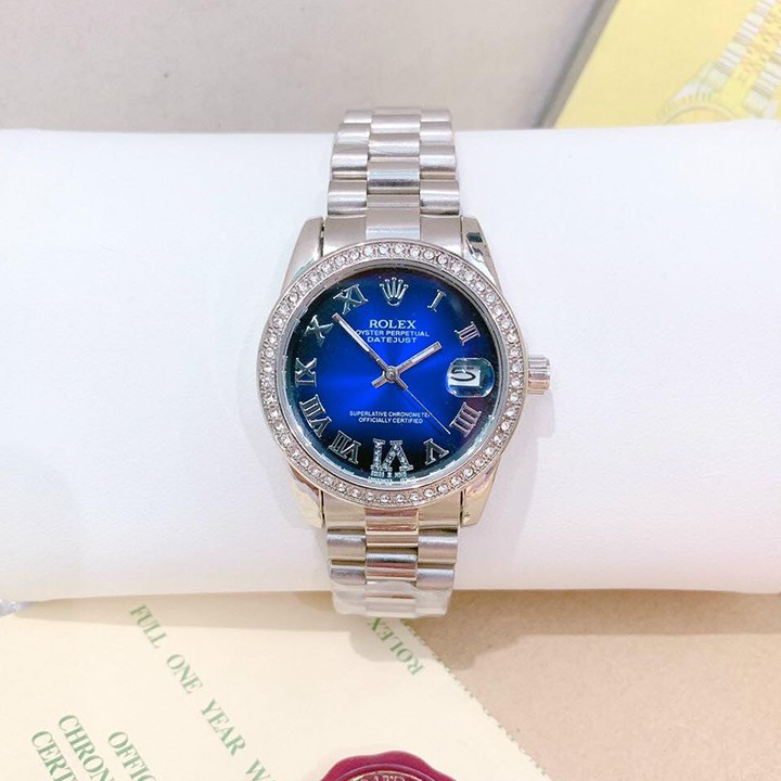 [Cao Cấp]Đồng hồ Rolex nữ mặt size 32mm đính hạt dây màu BẠC đúc hợp kim NGUYÊN KHỐI không gỉ, không phai màu