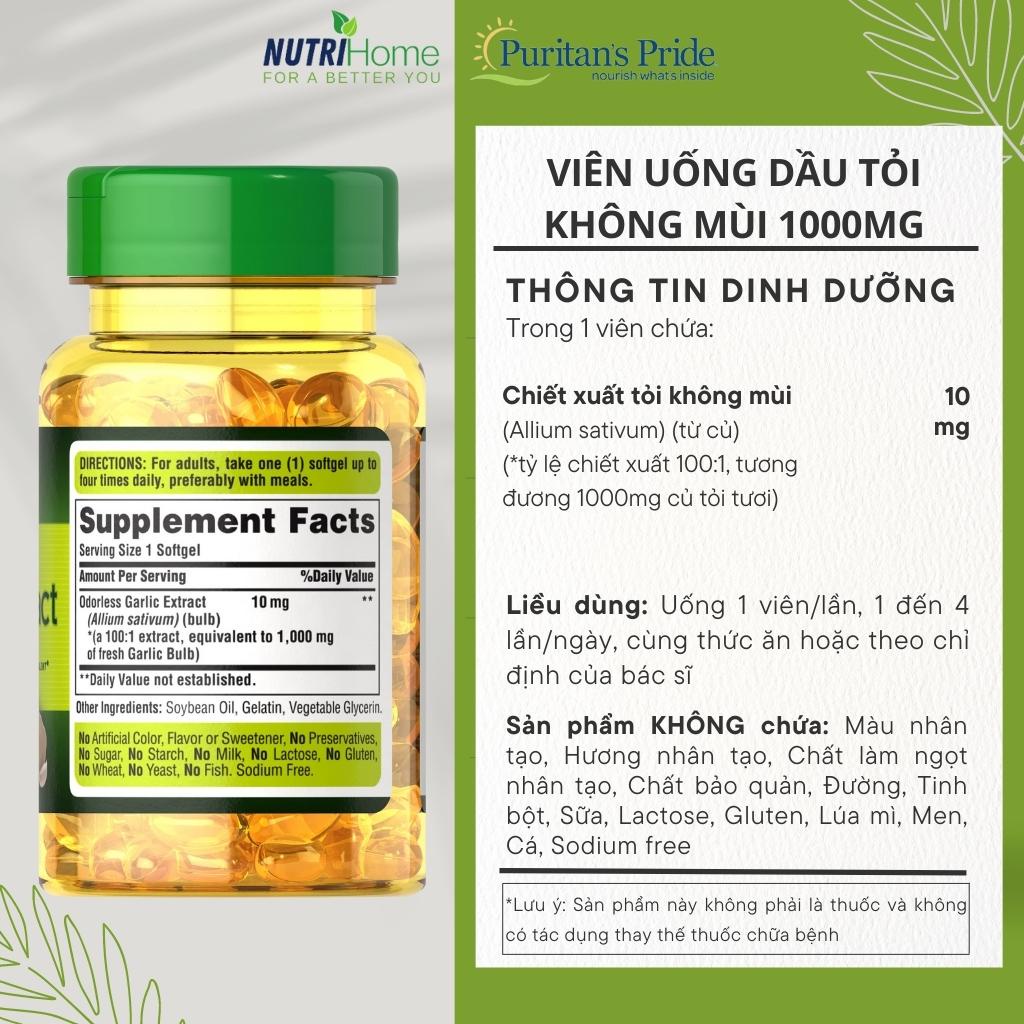 Viên uống dầu tỏi không mùi Puritan’s Pride Odorless Garlic 1000mg tăng cường hệ miễn dịch