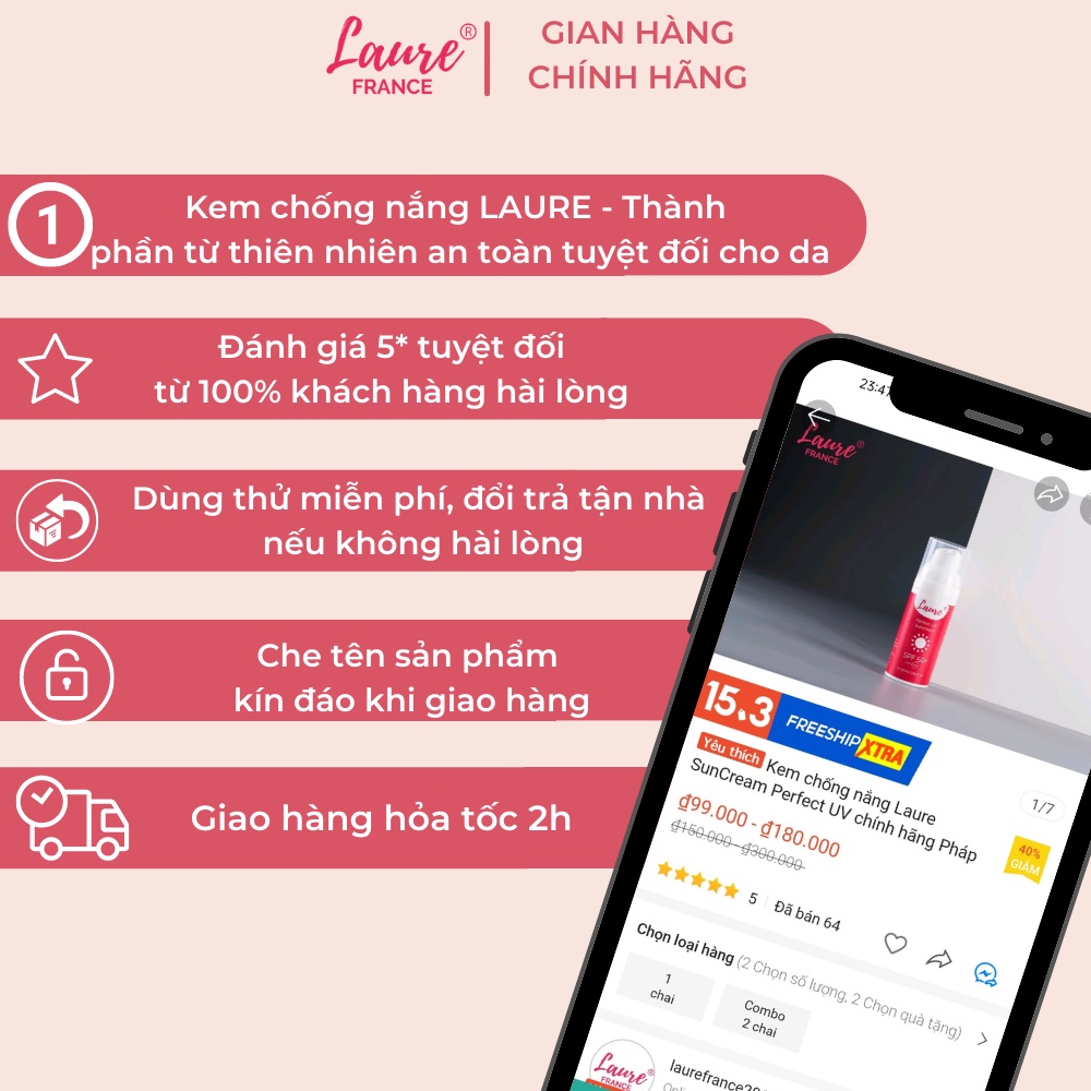 Kem chống nắng Laure SunCream Perfect UV SPF50+ chính hãng Pháp tặng kèm nước hoa Laure