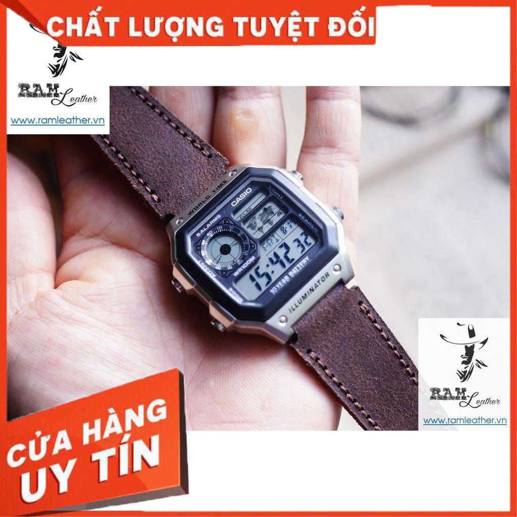 Dây Đồng Hồ Da Bò Mài Nhám Cao Cấp Mới- Da Bò Thật - Casio Ae 1200 / Seiko 5 - Ram Leather - +