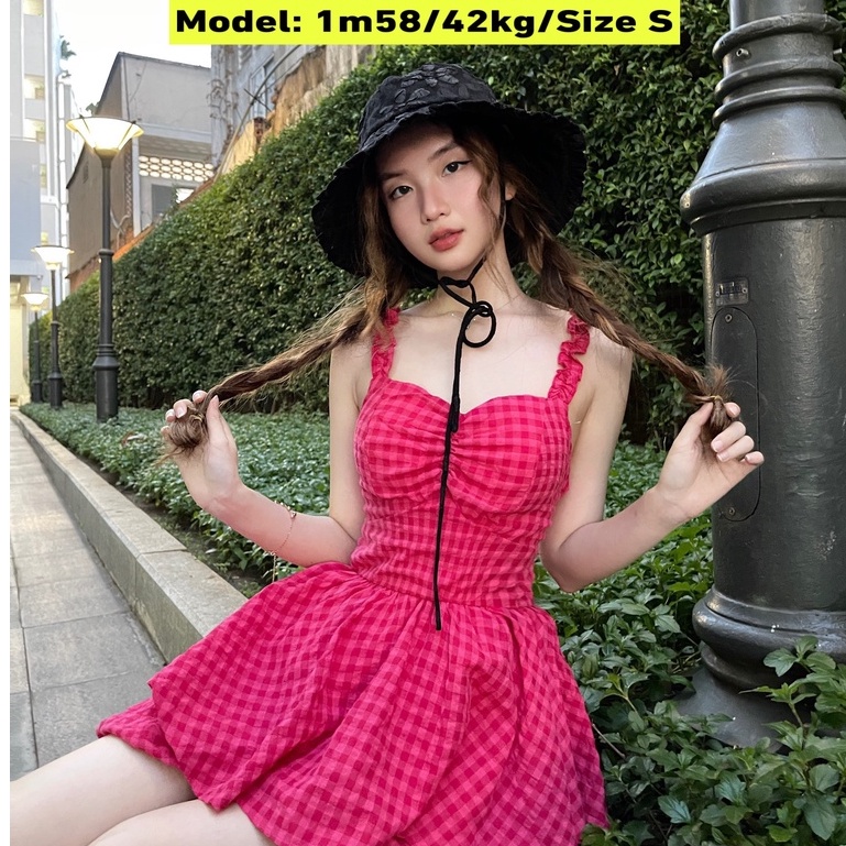Jumpsuit 2 Dây Caro Thắt Nơ Ngực Xếp Tầng - HÀNG CÓ SẴN