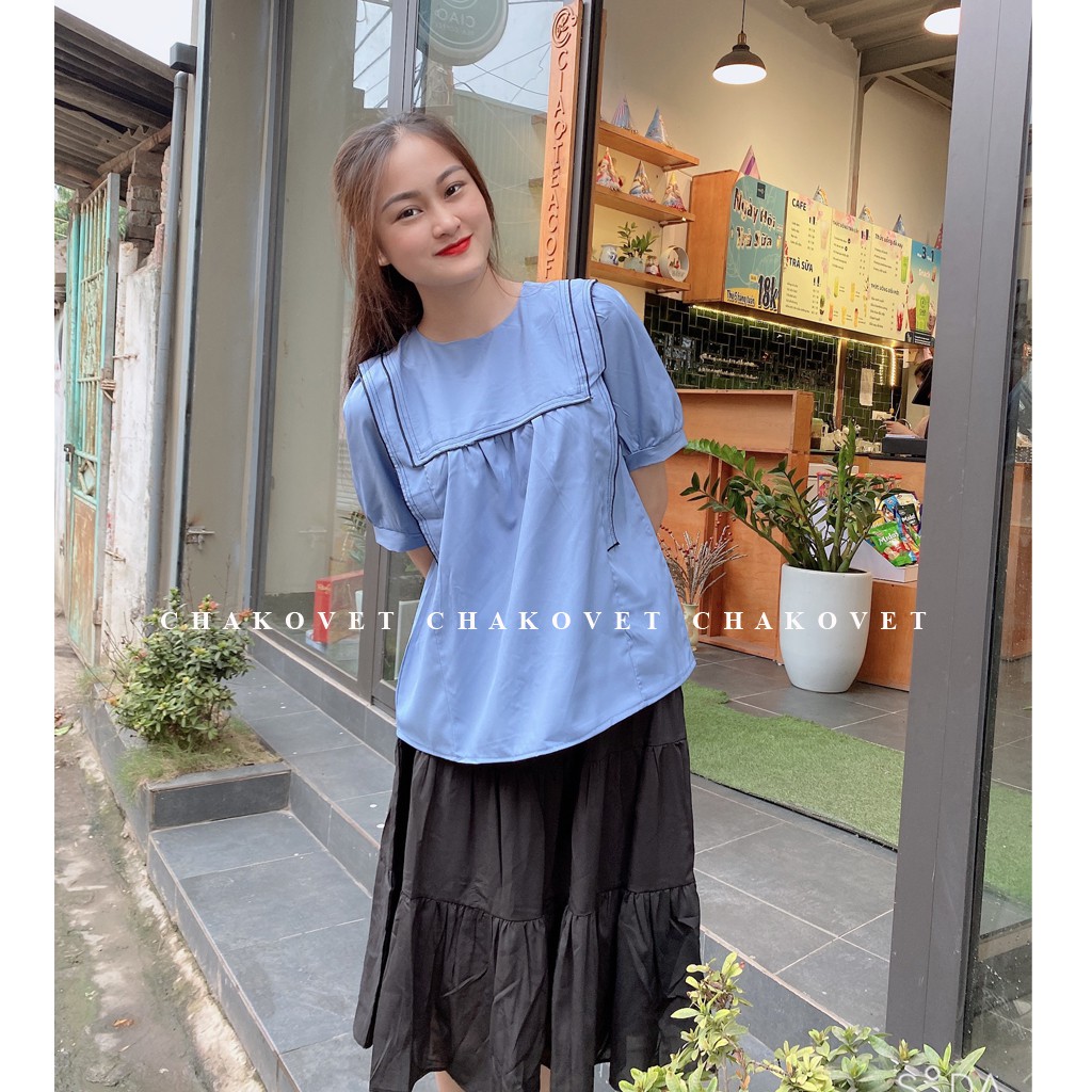 Áo babydoll nữ tay ngắn, kiểu sơ mi nữ cộc tay cổ tròn sành điệu cá tính, áo kiểu nữ họa tiết ngực bèo dáng xinh -cka802 | BigBuy360 - bigbuy360.vn