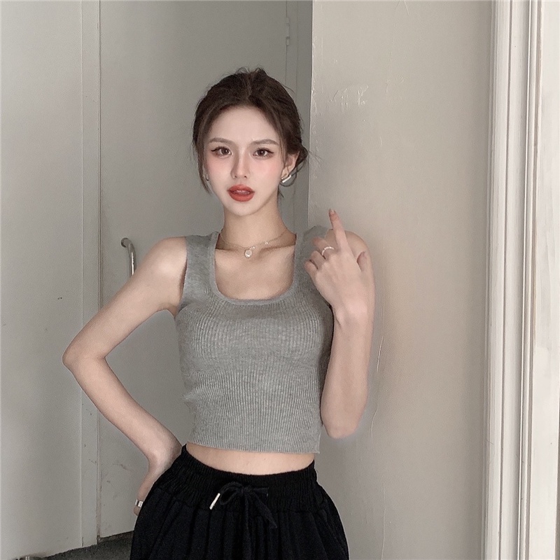 Porozi  Áo croptop  dệt kim không tay dáng ôm phong cách Hàn Quốc