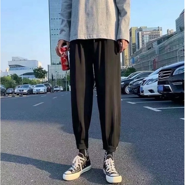 Triple A💕Summer ice silk pants men's thin loose drape casual trousers ins Korean version of the trend of Harlan nine-point trousers tide