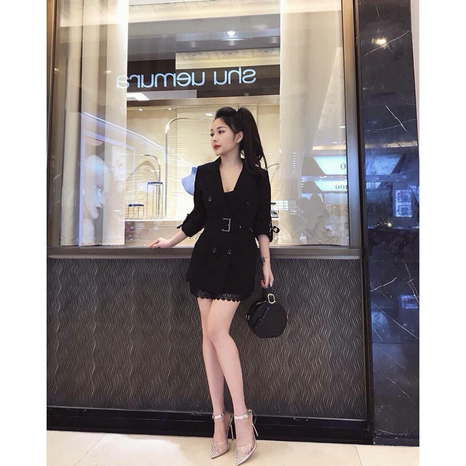 Áo khoác fom dai cổ vest phối nút kèm belt siêu sang