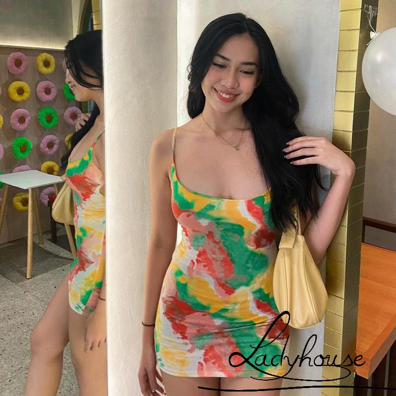 Đầm không tay dáng ôm Hở Lưng Cắt Sâu Nhuộm Họa Tiết Màu Loang Thời Trang Mùa Hè Cho Nữ