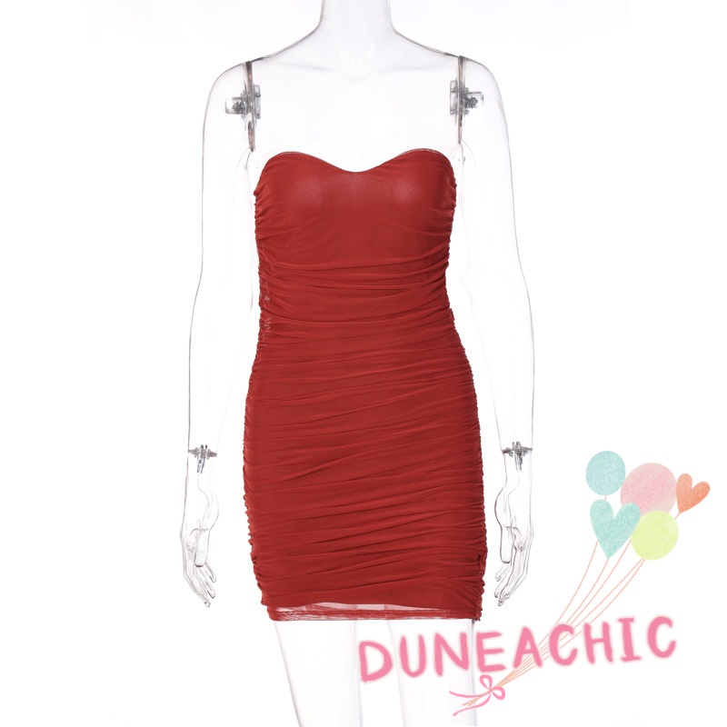DUNEA Đầm trễ vai phối lưới xếp ly thời trang cho nữ