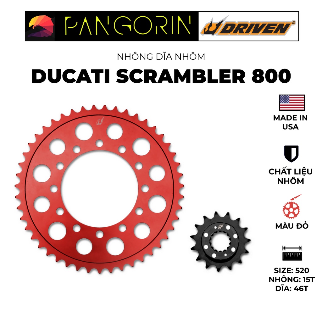 Driven Racing - Nhông dĩa cho xe phân khối lớn mô tô Ducati Scrambler 800 chất liệu nhôm, màu sắc đỏ
