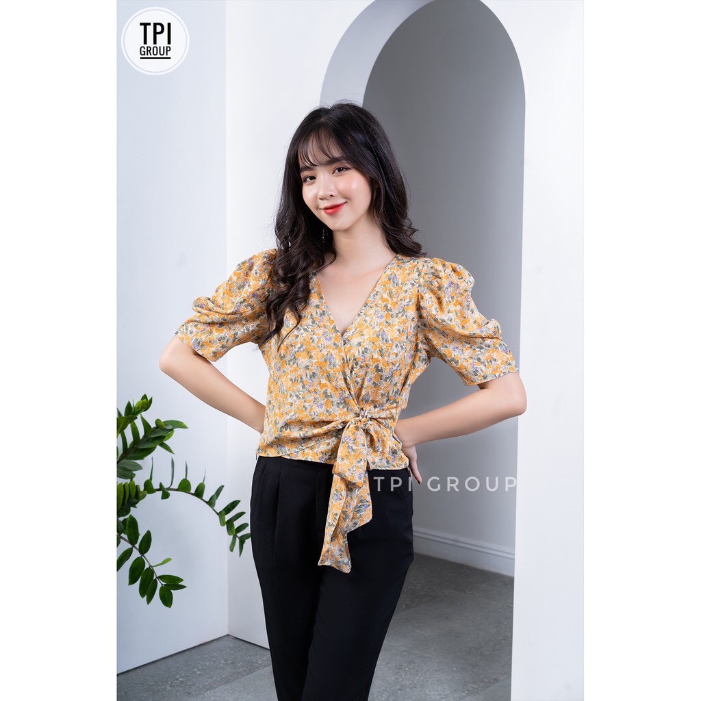 Set áo hoa nhí thắt nơ cheo kèm quần baggy đe